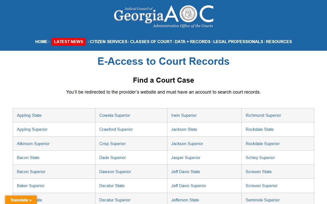 Cherokee County Court records reached through Georgia statewide e-access