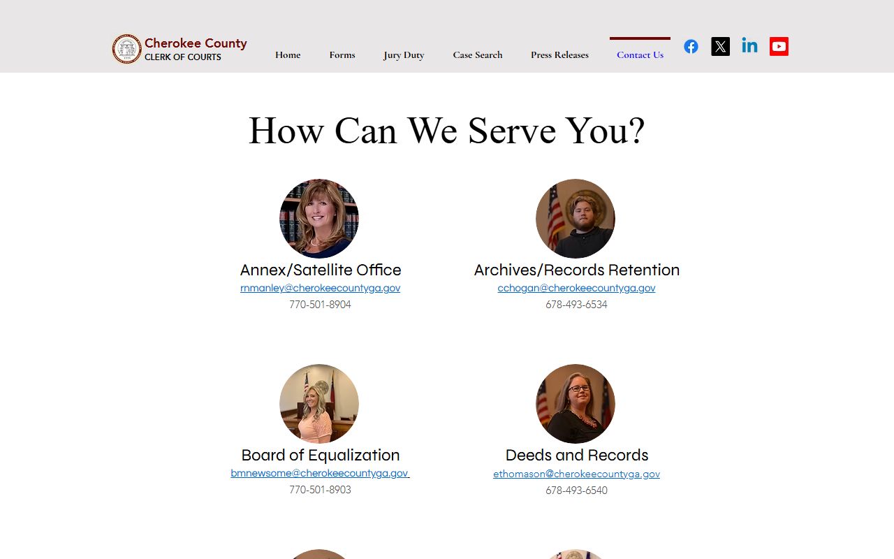Cherokee County Clerk of Courts contact page with departmental phone and email