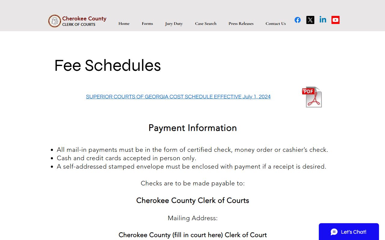 Cherokee County Clerk of Courts fee schedule page