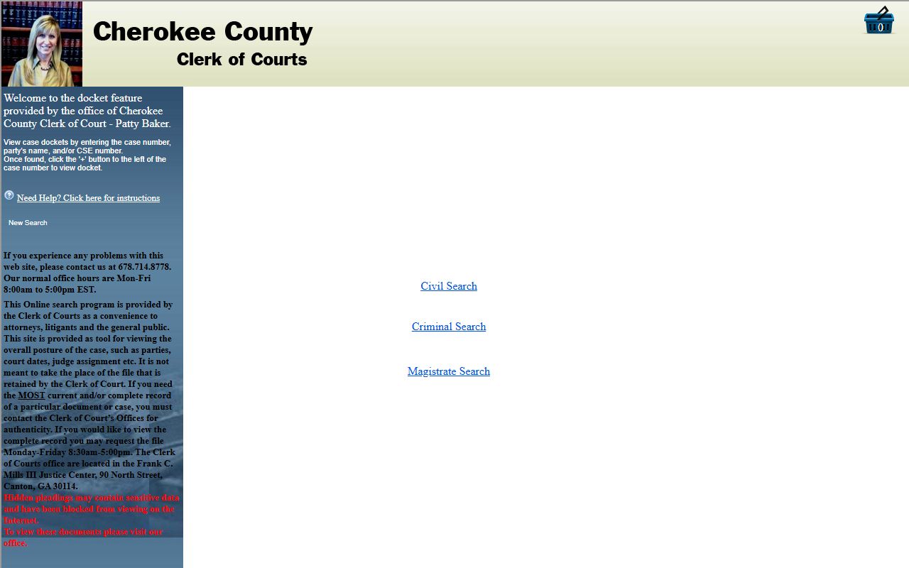 Cherokee County court records docket search landing page