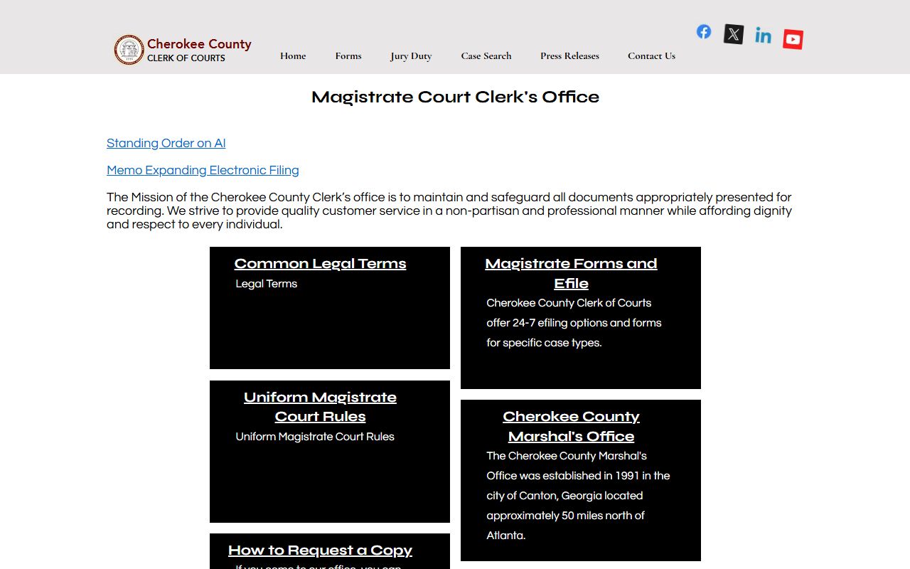 Cherokee County Magistrate Court Clerk page for court records copy and docket requests