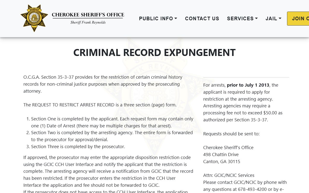 Cherokee County criminal records restriction request form posted by the Sheriff's Office