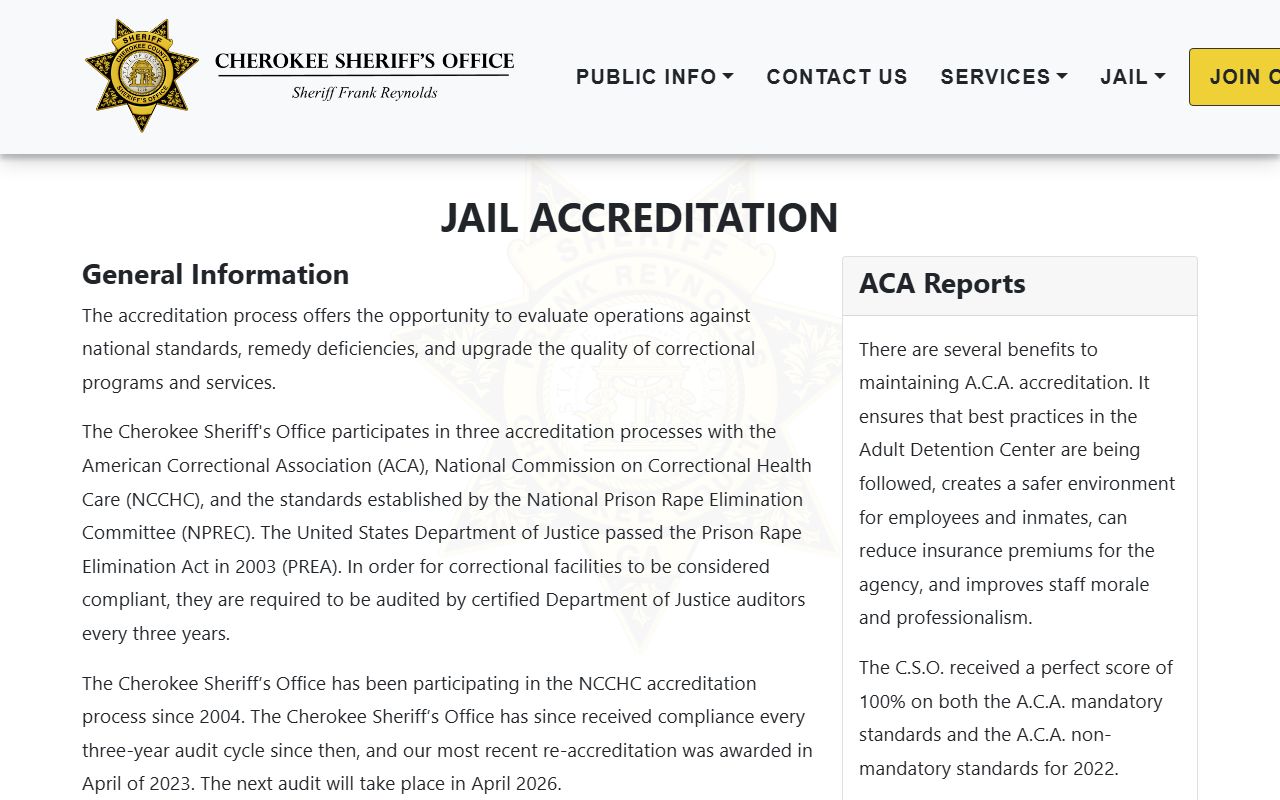 Cherokee County jail population accreditation page showing ACA, CALEA, and NCCHC status