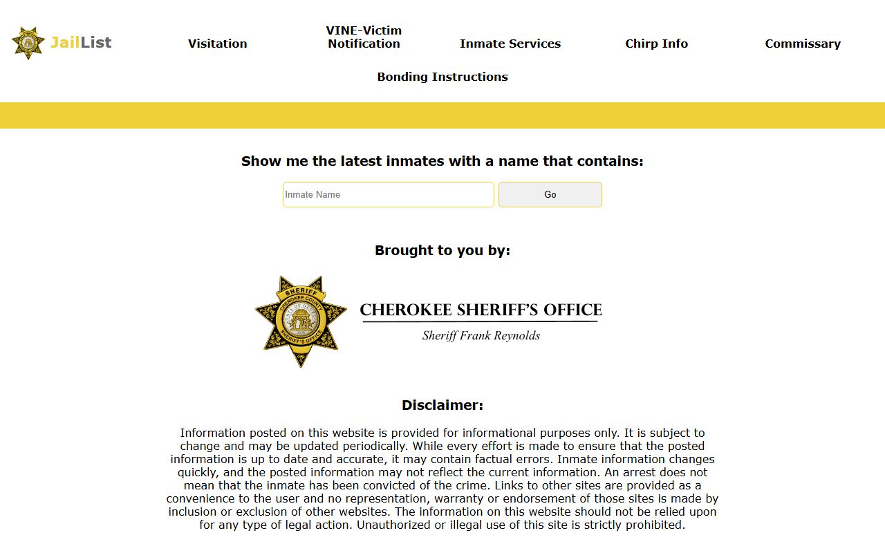 Cherokee County inmate Jail List search interface court records