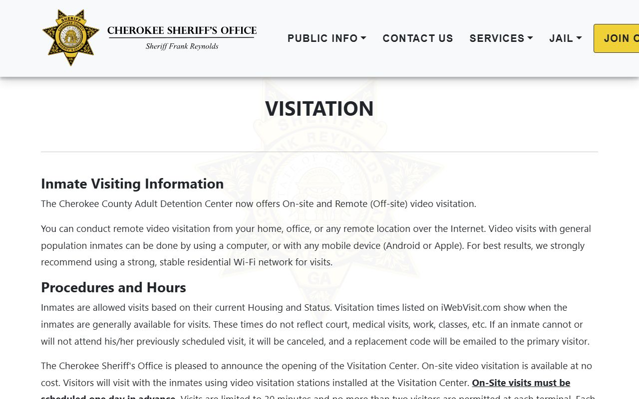 Cherokee County inmate visitation schedule court records