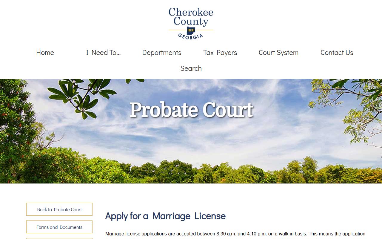 Cherokee County marriage license application page with hours and online application link