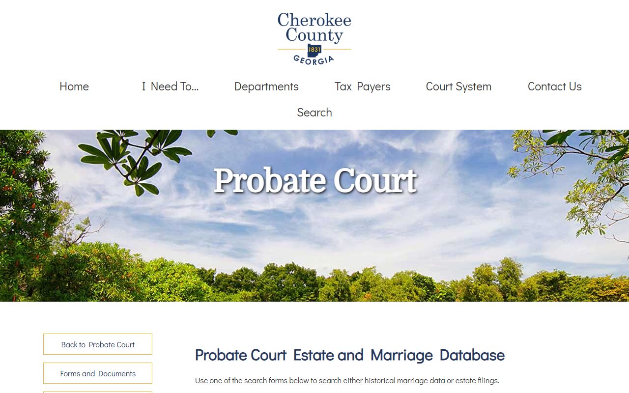 Cherokee County probate estate and marriage record search fields