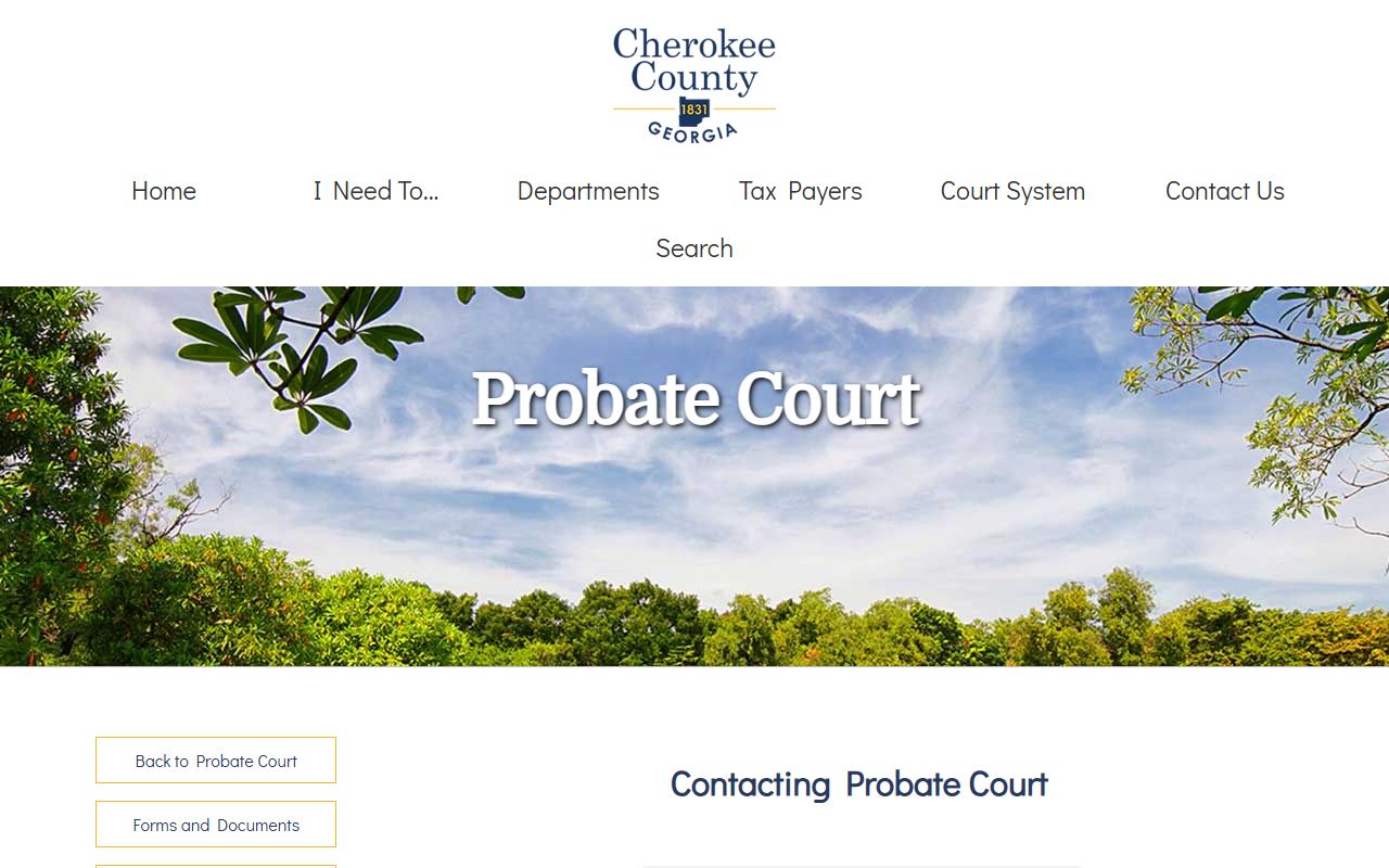 Cherokee County probate court contact page with address judge chief clerk and health department note