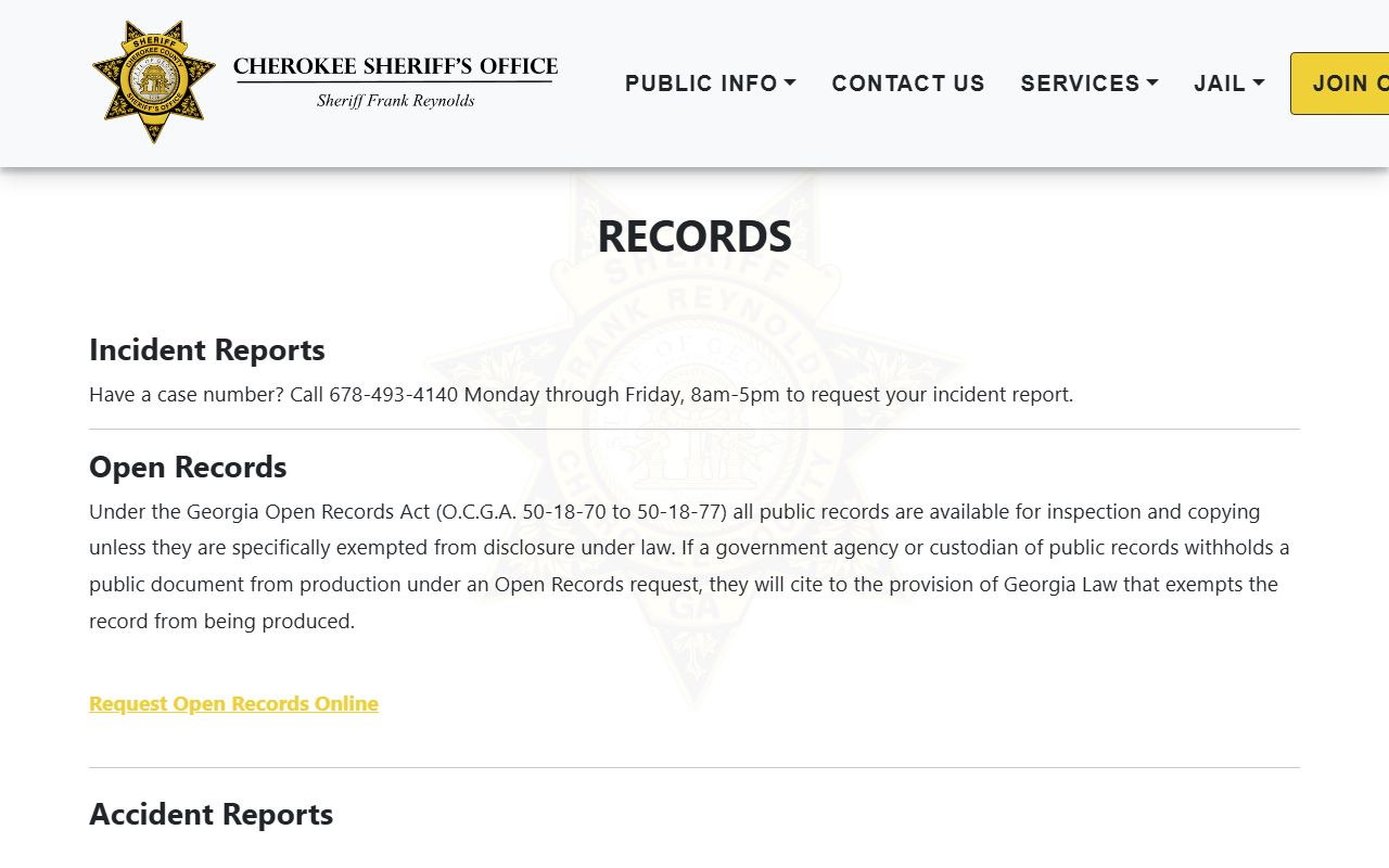 Cherokee County public records portal at the Sheriff's records page