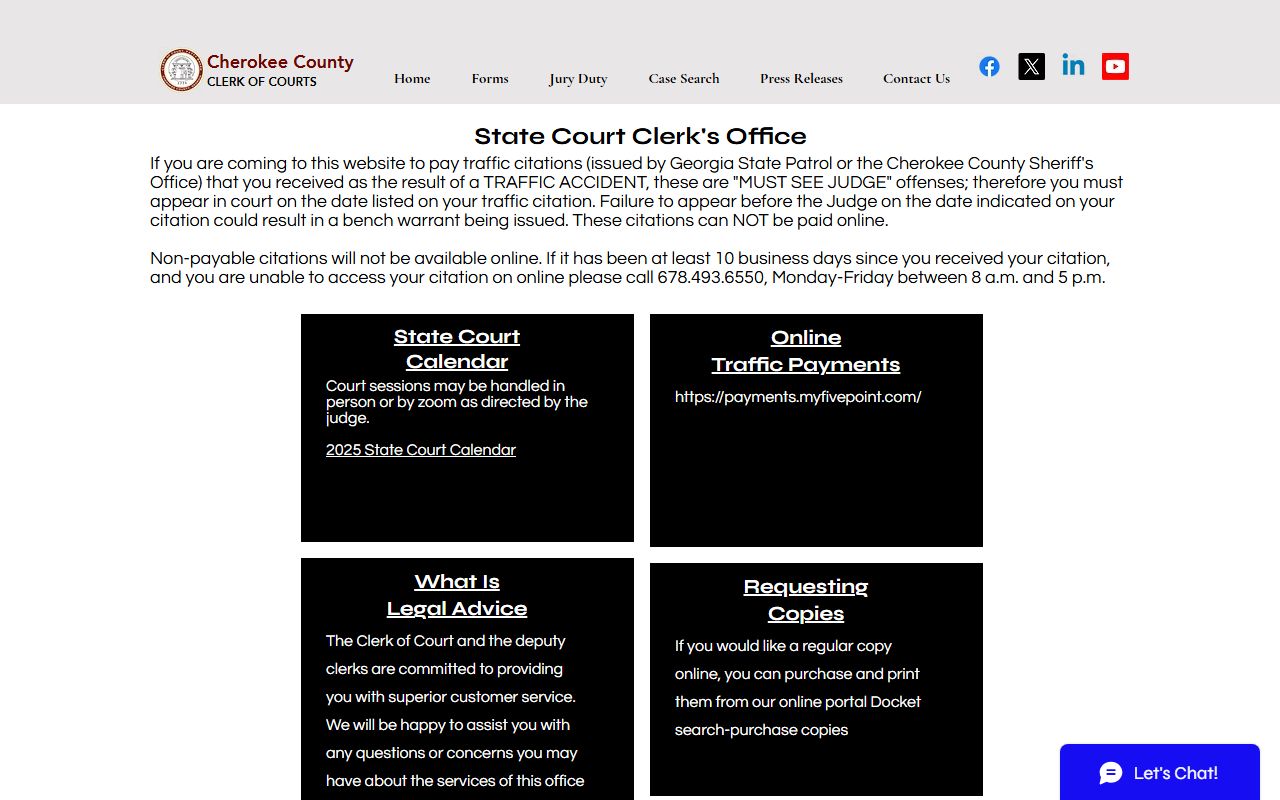 Cherokee County traffic court records page on the State Court Clerk site with FivePoint payment link
