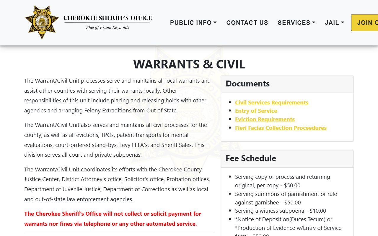 Cherokee County Sheriff warrants and civil process information page